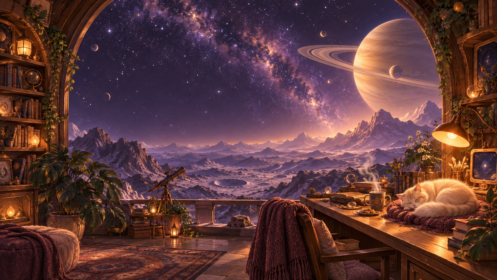 A sleeping cat in a cozy room overlooking distant planets