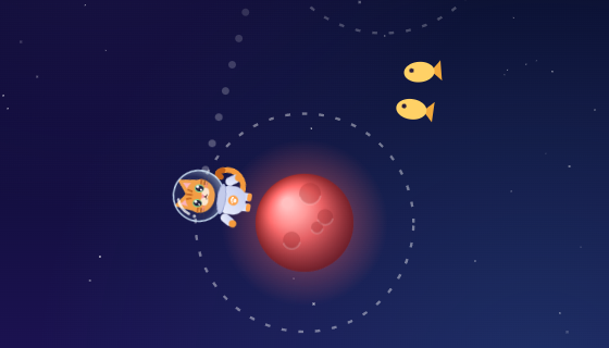 An actual Orbit Hop game frame showing a cat, planets and collectible fish